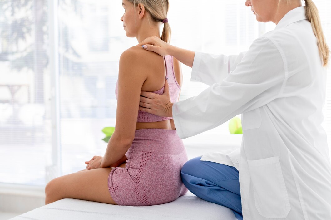 Fisioterapeuta realizando una evaluación de la espalda a una paciente en un entorno clínico luminoso y moderno. La mujer está sentada en una camilla, con un atuendo deportivo, mientras el profesional aplica presión en la zona dorsal.